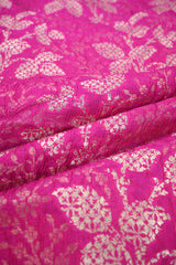 Pink Banarasi Raw Mango Silk Fabric with Gold Zari Floral Leaf Pattern