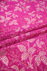 Pink Banarasi Raw Mango Silk Fabric with Gold Zari Floral Leaf Pattern