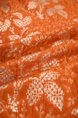Orange Banarasi Raw Mango Silk Fabric with Gold Zari Floral Leaf Pattern