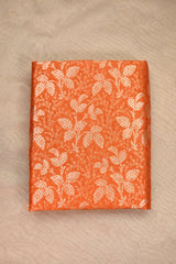 Orange Banarasi Raw Mango Silk Fabric with Gold Zari Floral Leaf Pattern
