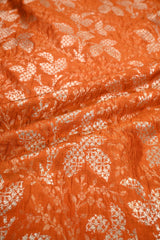 Orange Banarasi Raw Mango Silk Fabric with Gold Zari Floral Leaf Pattern