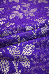 Purple Banarasi Raw Mango Silk Fabric with Gold Zari Floral Leaf Pattern