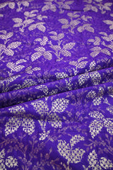 Purple Banarasi Raw Mango Silk Fabric with Gold Zari Floral Leaf Pattern