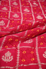 Red Chiniya Banarasi Silk Fabric with Zari Checks & Print