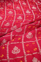 Red Chiniya Banarasi Silk Fabric with Zari Checks & Print