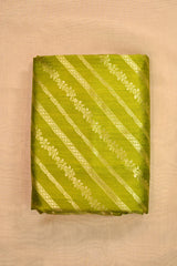 Parakeet Green Raw Silk Fabric with Gold Zari Slanting Stripes