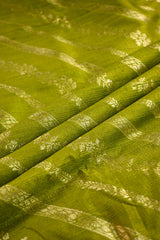 Parakeet Green Raw Silk Fabric with Gold Zari Slanting Stripes