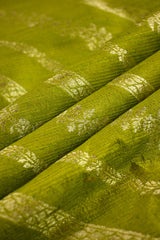 Parakeet Green Raw Silk Fabric with Gold Zari Slanting Stripes