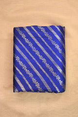 Royal Blue Raw Silk Fabric with Gold Zari Slanting Stripes