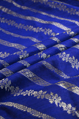 Royal Blue Raw Silk Fabric with Gold Zari Slanting Stripes