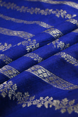 Royal Blue Raw Silk Fabric with Gold Zari Slanting Stripes