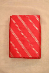 Red Raw Silk Fabric with Gold Zari Slanting Stripes