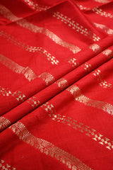 Red Raw Silk Fabric with Gold Zari Slanting Stripes