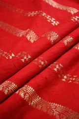 Red Raw Silk Fabric with Gold Zari Slanting Stripes