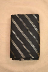 Black Raw Silk Fabric with Gold Zari Slanting Stripes