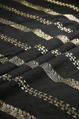 Black Raw Silk Fabric with Gold Zari Slanting Stripes