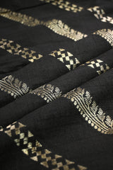 Black Raw Silk Fabric with Gold Zari Slanting Stripes