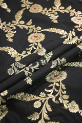 Black Banarasi Silk Fabric with Watergold Zari Floral Meenakari