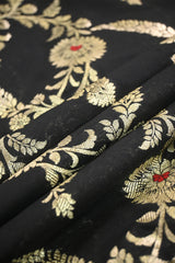 Black Banarasi Silk Fabric with Watergold Zari Floral Meenakari
