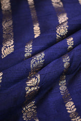 Navy Blue Raw Silk Fabric with Antique Zari Floral Vertical