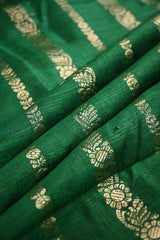 Bottle Green Raw Silk Fabric with Antique Zari Floral Vertical
