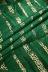 Bottle Green Raw Silk Fabric with Antique Zari Floral Vertical
