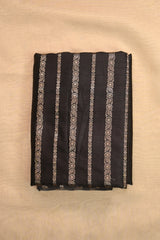 Black Raw Silk Fabric with Antique Zari Floral Vertical Stripes