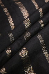 Black Raw Silk Fabric with Antique Zari Floral Vertical Stripes