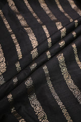 Black Raw Silk Fabric with Antique Zari Floral Vertical Stripes