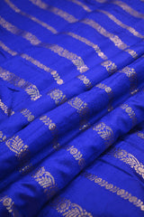 Royal Blue Raw Silk Fabric with Antique Zari Floral Vertical Stripes