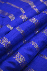Royal Blue Raw Silk Fabric with Antique Zari Floral Vertical Stripes