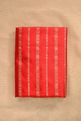 Red Raw Silk Fabric with Antique Zari Floral Vertical Stripes