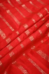 Red Raw Silk Fabric with Antique Zari Floral Vertical Stripes