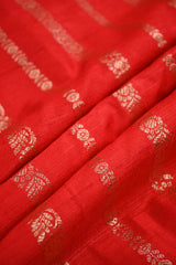 Red Raw Silk Fabric with Antique Zari Floral Vertical Stripes