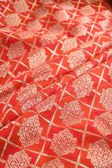 Red Raw Mango Banarasi Silk Fabric with Gold Zari Ethnic Checks &