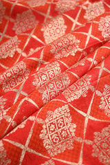 Red Raw Mango Banarasi Silk Fabric with Gold Zari Ethnic Checks &