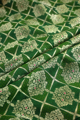 Green Banarasi Raw Silk Fabric with Gold Zari Checks