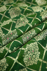 Green Banarasi Raw Silk Fabric with Gold Zari Checks