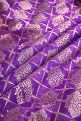 Purple Banarasi Raw Silk Fabric with Gold Zari Checks
