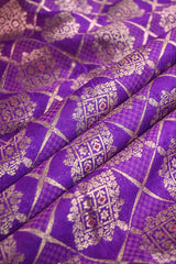Purple Banarasi Raw Silk Fabric with Gold Zari Checks