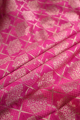 Pink Banarasi Raw Silk Fabric with Gold Zari Checks