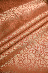 Rust Peach Raw Mango Banarasi Silk Fabric with Gold Zari Floral