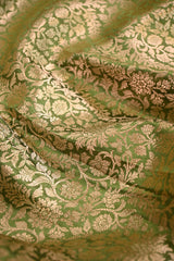 Henna Green Raw Mango Banarasi Silk Fabric with Gold Zari Floral