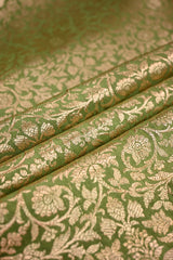 Henna Green Raw Mango Banarasi Silk Fabric with Gold Zari Floral