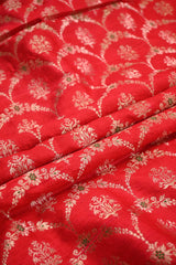 Red Raw Silk Fabric with Gold Zari Meenakari Frames & Ethnic