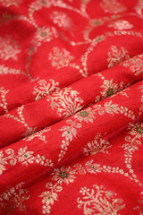 Red Raw Silk Fabric with Gold Zari Meenakari Frames & Ethnic