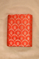 Orange Raw Silk Fabric with Gold Zari Meenakari Frames & Butis