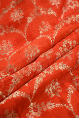 Orange Raw Silk Fabric with Gold Zari Meenakari Frames & Butis