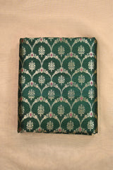 Bottle Green Raw Silk Fabric with Gold Zari Meenakari Frames