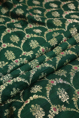Bottle Green Raw Silk Fabric with Gold Zari Meenakari Frames